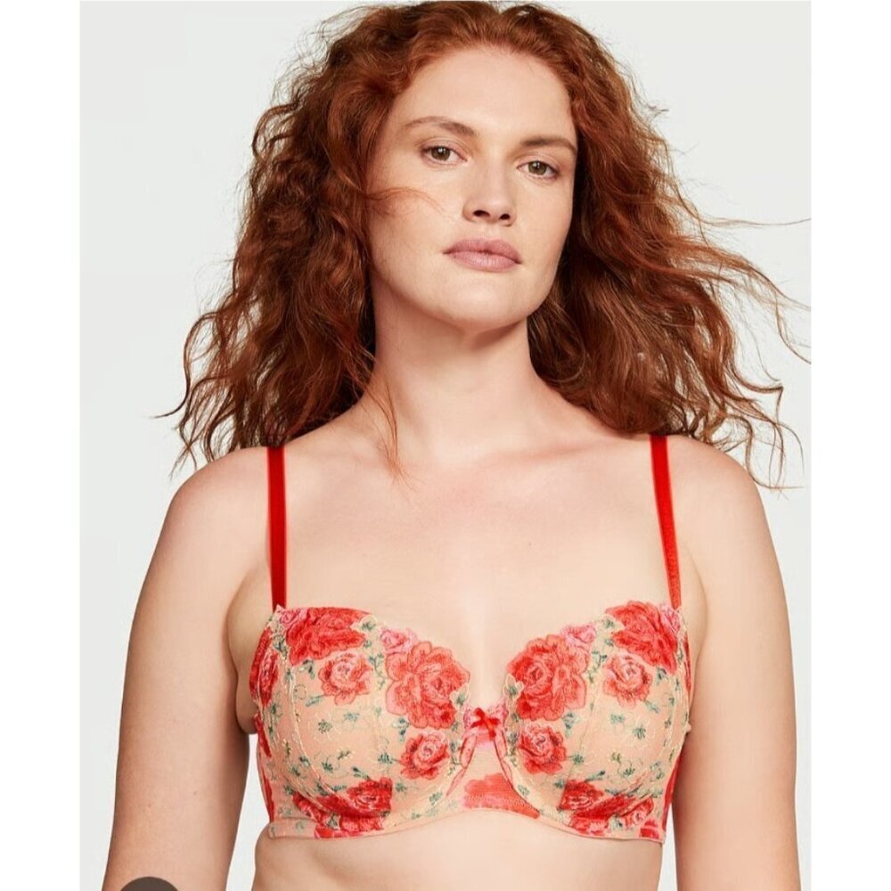Victoria's Secret Tomato Red Embroidered Lace Bra 38DDD F85 Floral Underwire